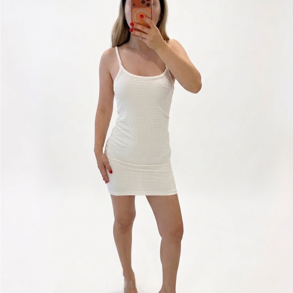 White Textured Mini Dress - Sleeveless Scoop Neck